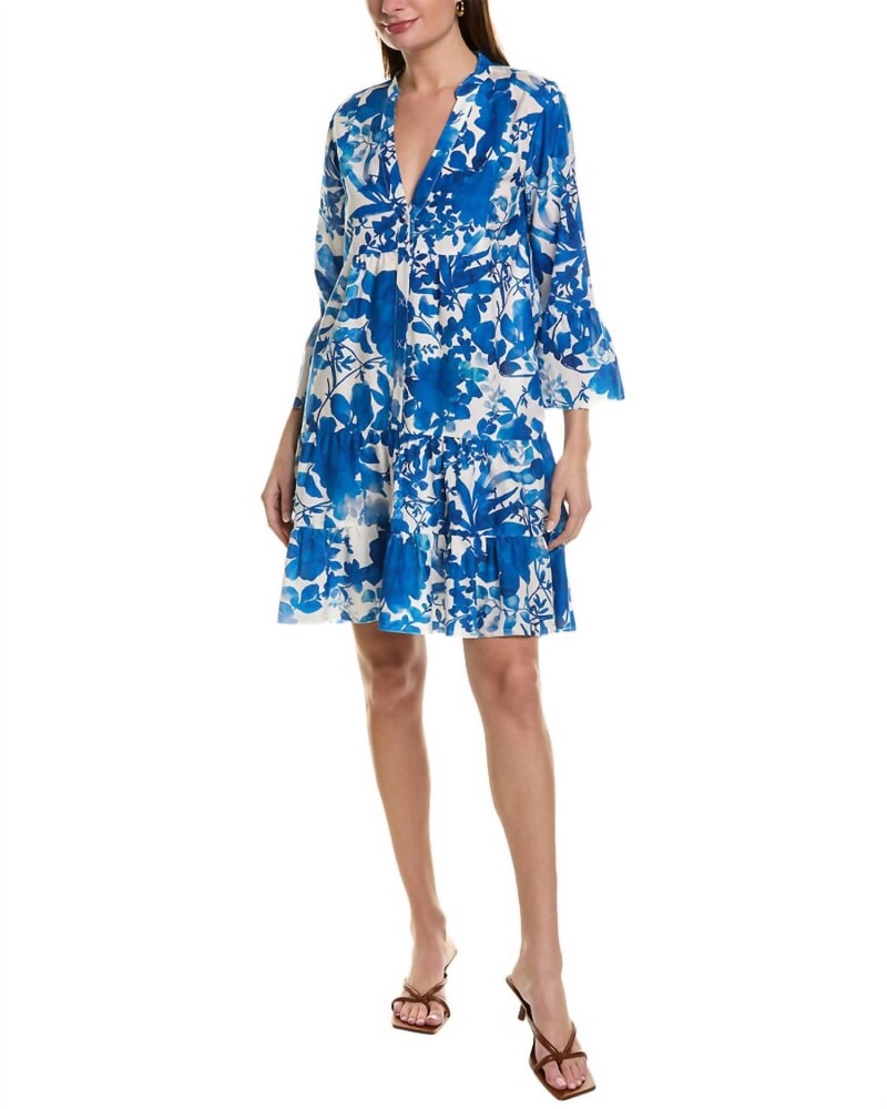Front of a model wearing a size L Beach Vibes Dress in Bomo Cobalt in Bomo Cobalt by Go by Go Silk. | dia_product_style_image_id:363119